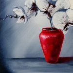 RED-VASE-AND-WHITE-ORCHID-FLOWERS-BY-PETER-DRANITSIN-BLACK-AND-WHITE-ABSTRACT-BACKGROUND-ACRYLIC-UNIQUE-PAINTING